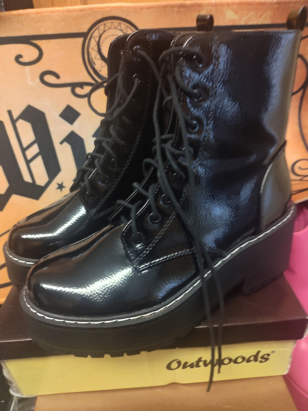 Black Patent Lace-Up Platform Combat Boots - Size 10 By Soda